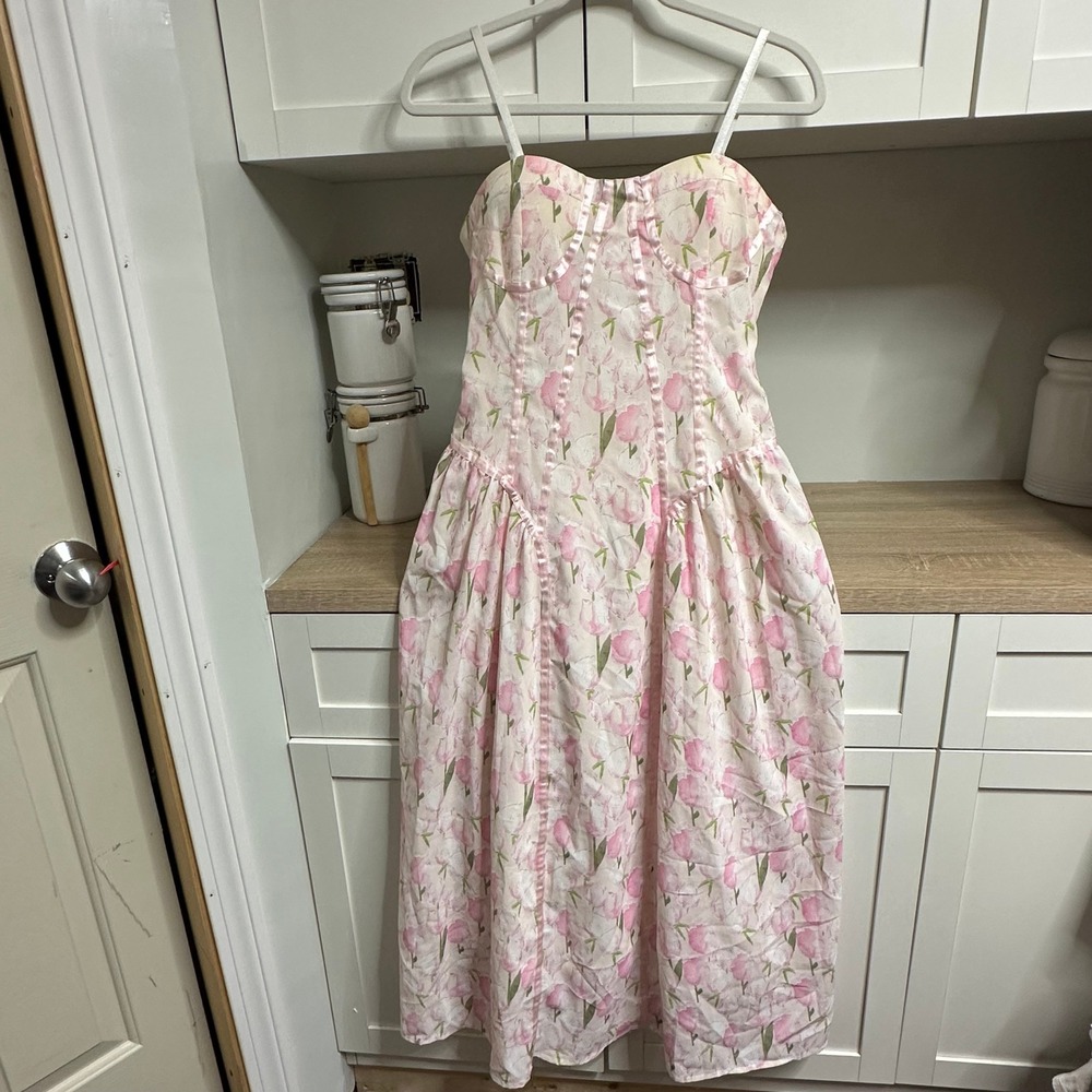 Floral Corset Style Midi Dress Womens M Pink Tulip Cottage Romantic Fairycore